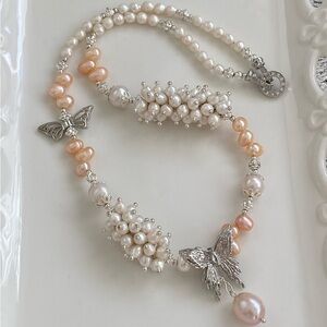 N52-Handmade White And Peach Pink Butterfly Necklace